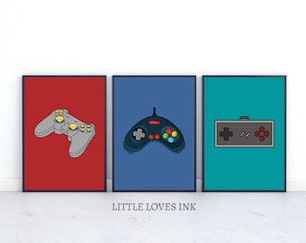 Video gaming prints set of 3, Retro gaming controller wall art, Gaming printable, Gaming wall art, Gaming controller print, Game room print