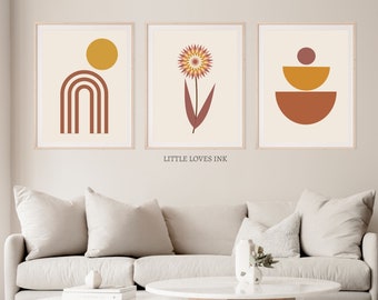 Boho abstracto imprimible juego de arte de pared de 3, Boho decoración de arte de pared neutro, decoración de habitación Boho, impresión minimalista