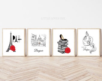 Set of 4 Paris printable wall art, Paris wall art,  Eiffel Tower print, Bonjour print, Eau De Parfum print, Home decor wall art