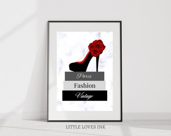 Fashion books with heels print, Fashion book wall art, Fashion wall art, Red and black fashion print, Fashion decor, Fashion illustration