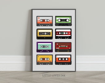 Retro cassette music wall art, Retro music prints, Retro music gift, Music printable, Music wall art, Music print, Digital download