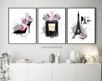 Mode afdrukbare muur kunst set van 3, mode prints, mode kunst aan de muur, mode muur print, parfum muur kunst, Eiffeltoren, bloem print