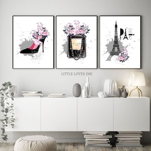 Fashion printable wall art set of 3, Fashion prints, Fashion wall art, Fashion wall print, Perfume wall art, Eiffel tower, Flower print
