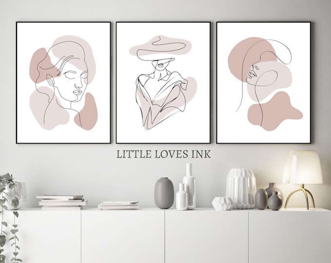 Set of 3 Abstract Line Art Drawing Poster Prints, 3 Piece Beige Neutral ...