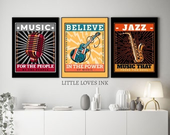 Muziek kunst aan de muur, Set van 3, Muziek gitaar afdrukbaar, Muziek microfoon print, Muziek cadeau print, Muziek sax decor, Muziek muur print, Muziek afdrukken downloaden