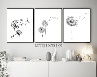 Minimalist printable wall art set of 3, Dandelion print set, Dandelion poster, Minimal dandelion print, Botanical dandelions black and white