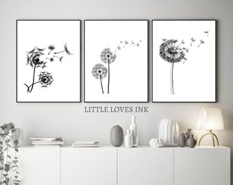 Minimalist printable wall art set of 3, Dandelion print set, Dandelion poster, Minimal dandelion print, Botanical dandelions black and white