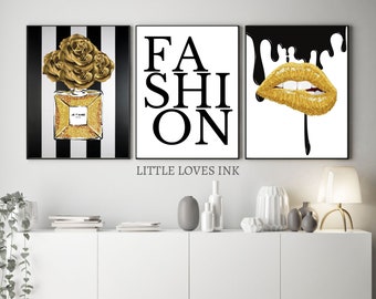 Fashion Gold and black Perfume wall art, Set of 3, Perfume print, Perfume bottle wall art, Lip fashion print, Dressing room decor
