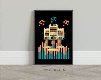 Retro music wall art, Retro mic music prints, music lover gift, Music printable, Vintage musicprint, Digital download, Music decor