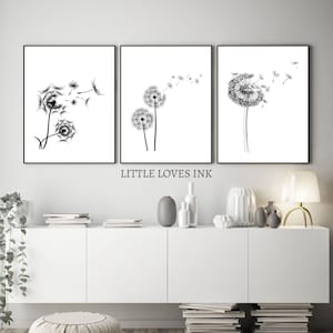 Minimalist printable wall art set of 3, Dandelion print set, Dandelion poster, Minimal dandelion print, Botanical dandelions black and white