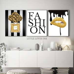 Fashion Gold and black Perfume wall art, Set of 3, Perfume print, Perfume bottle wall art, Lip fashion print, Dressing room decor