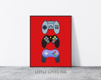 May include: A red background with three different video game controllers. The top controller is gray, the middle controller is black, and the bottom controller is blue. The text "LITTLE LOVES INK" is at the bottom of the image.