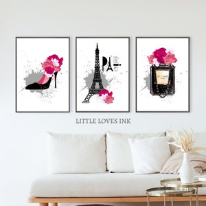 Fashion printable wall art set of 3, Fashion prints, Fashion wall art, Perfume wall art, Eiffel tower print, Heel and Flower print