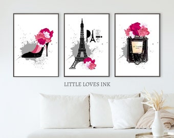 Mode afdrukbare muur kunst set van 3, mode prints, mode kunst aan de muur, parfum kunst aan de muur, Eiffeltoren print, hiel en bloem print
