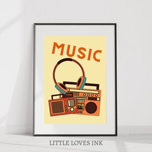 May include: A retro-style print with the word "MUSIC" in orange text on a yellow background. The print features a vintage boombox with headphones on top.