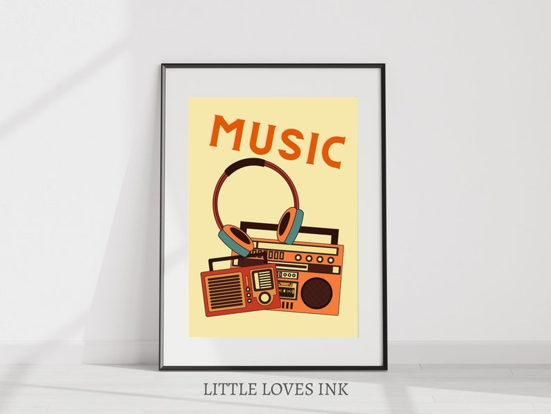 May include: A retro-style print with the word "MUSIC" in orange text on a yellow background. The print features a vintage boombox with headphones on top.
