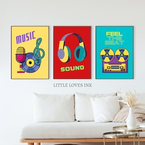 Music wall art prints set of 3, Music wall art decor, Music lovers gift, Retro music poster, Kids music decor