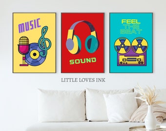 Music wall art prints set of 3, Music wall art decor, Music lovers gift, Retro music poster, Kids music decor
