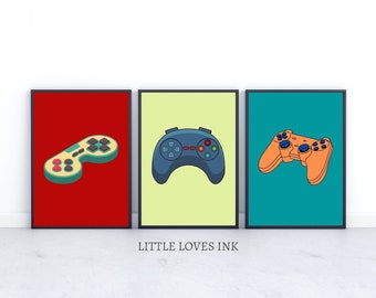 Retro gaming prints set of 3, Retro gaming controller wall art, Gaming printable, Gaming wall art, Gaming controller print, Game room print