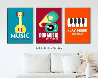 Music wall art set of 3, Music guitar printable, Music piano print, Music gift print, Music decor, Music wall print, Music print download