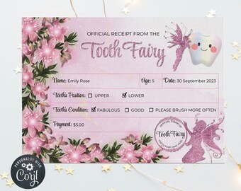 Editable Tooth Fairy Receipt: Pink Sparkle Lost Tooth Record (Digital Download)