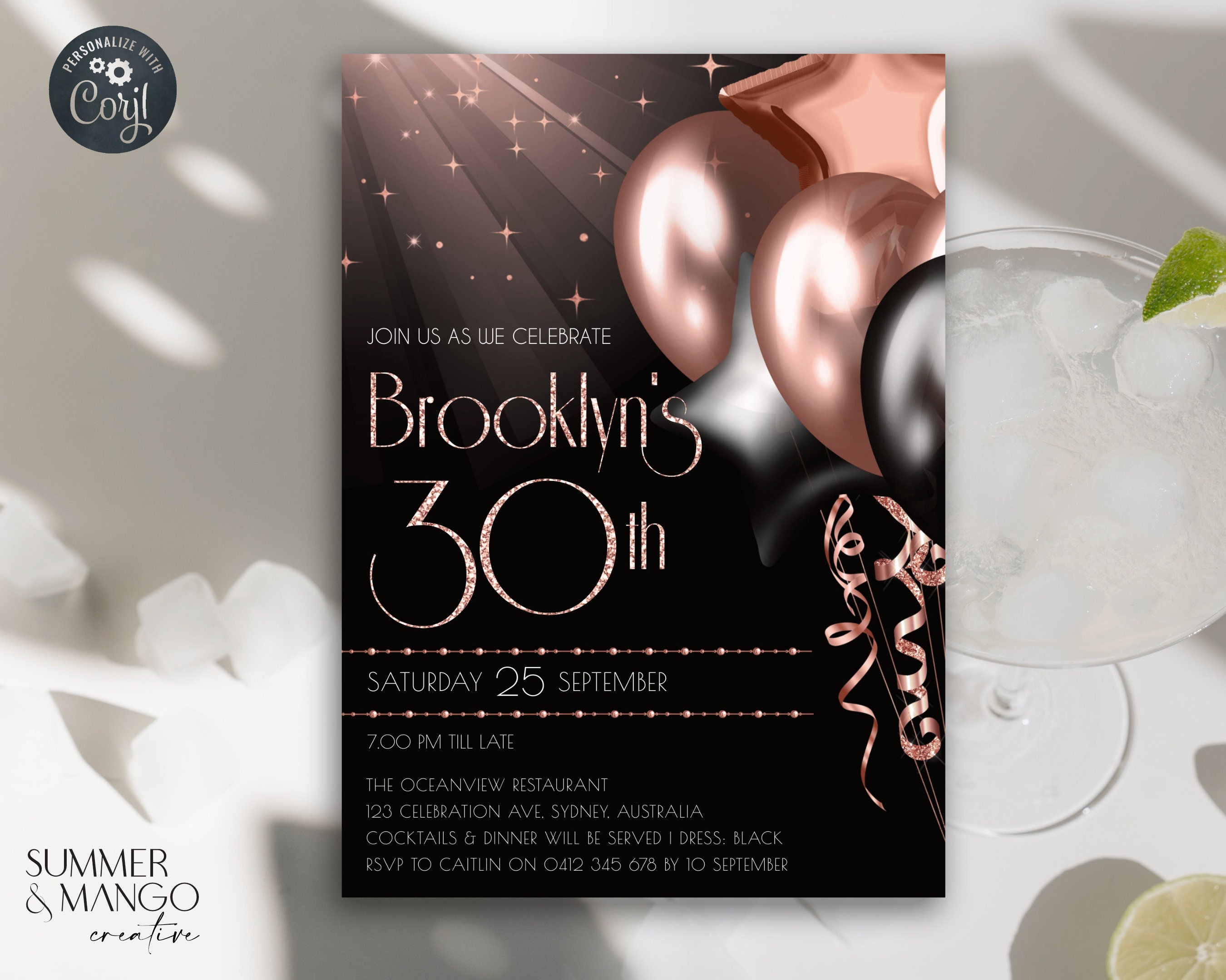 Rose Gold & Black Balloons Invitation, Edit for Any Age or Event, Blush Pink Elegant Celebrate Invite, Printable or send as Evite
