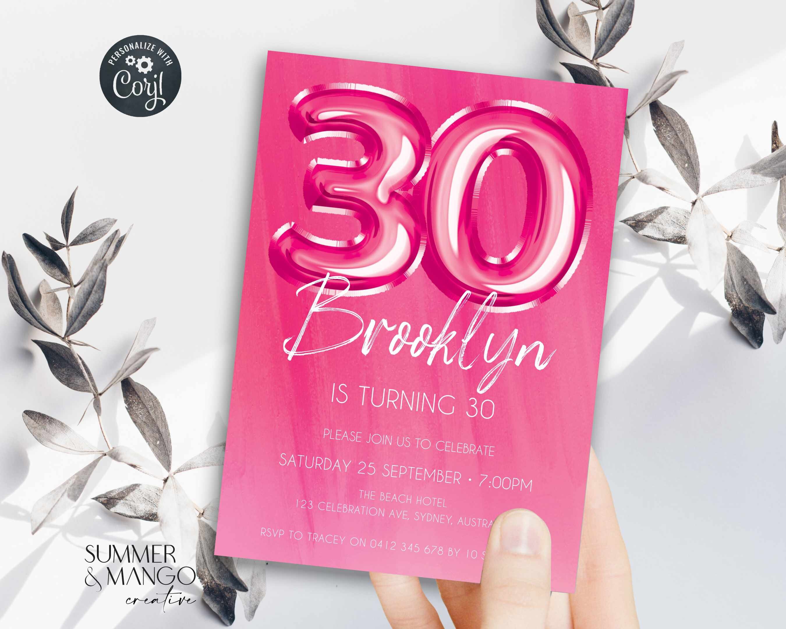 Hot Pink 30th Birthday Invitation Bright Pink Balloons Party Invite ...