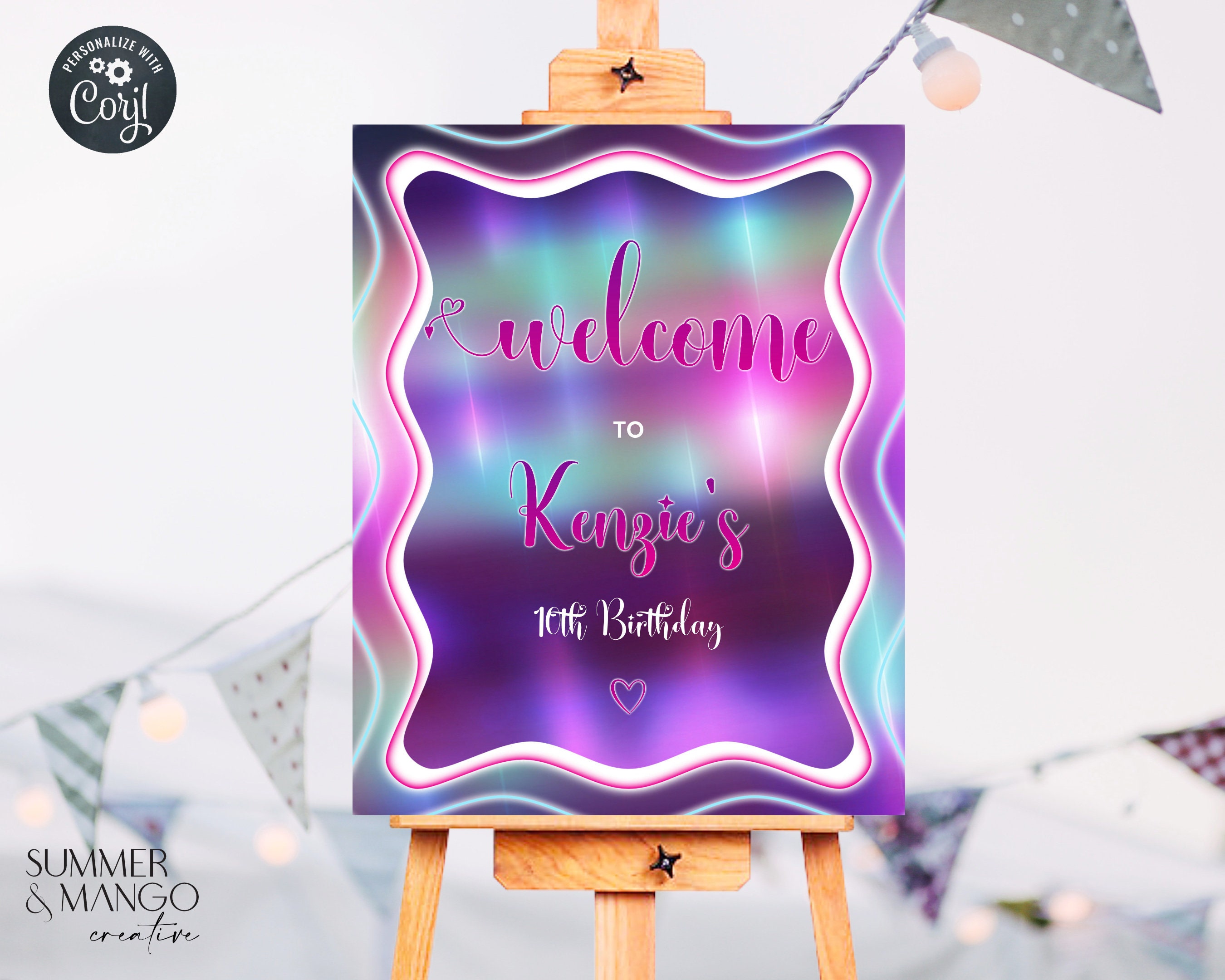 Purple Pink & Blue Welcome Sign Editable Wavy Party Welcome Poster Bright Colors Girls Celebration Ombre Glow Party Lights Table Sign WAV2