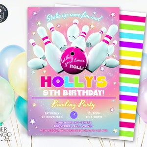 Rainbow Bowling Birthday Invitation Girls Bowling Party Invite Glow Bowling Birthday Invitation Editable Template Let&#39;s Strike Up Some Fun