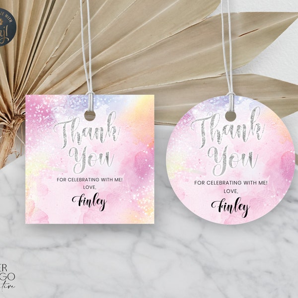 Editable Square & Circle Rainbow Party Gift Tags Glitter Sparkles Favor Tag Party Thank You Label Lolly Bag Sticker Pastel Watercolour Party