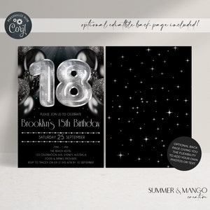 May include: Black and silver 18th birthday invitation with a disco ball style number 18. The invitation includes event details and the text "Brooklyn's 18th Birthday". The back of the invitation has a black background with white stars.