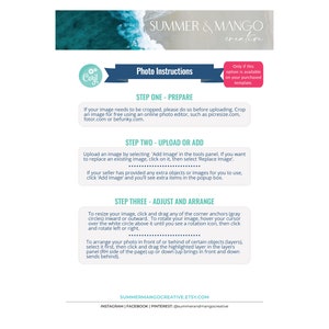 May include: A graphic with instructions for photo editing, featuring the text "Photo Instructions" and steps for preparing, uploading, and adjusting images. The design includes a teal and white ocean wave banner and the Summer & Mango Creative logo.