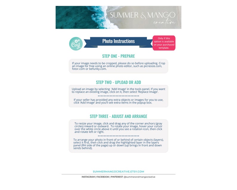 May include: A graphic with instructions for photo editing, featuring the text "Photo Instructions" and steps for preparing, uploading, and adjusting images. The design includes a teal and white ocean wave banner and the Summer & Mango Creative logo.