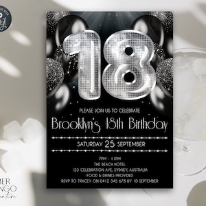 Black & Silver 18th Birthday Disco Invitation Silver and Black Party Invite Foil Balloons 18 Birthday Editable Template Disco Dance Party