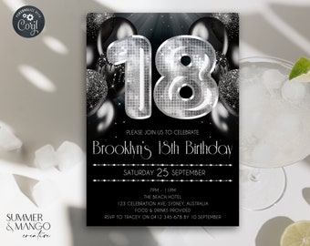 Black & Silver 18th Birthday Disco Invitation Silver and Black Party Invite Foil Balloons 18 Birthday Editable Template Disco Dance Party