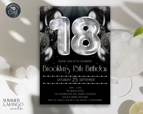 Black & Silver Disco 18th Birthday Invitation (Editable Template)