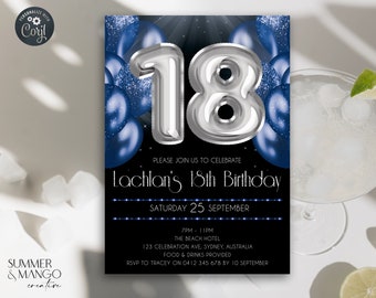 18th Birthday Invitation Blue & Silver Balloons Party Invite Foil Balloon Numbers Birthday Invite Printable Editable Template Eighteen BSB