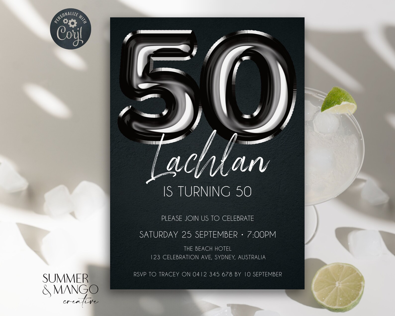 50th Birthday Invitation Black Invite Black Balloons Party Invite Foil ...