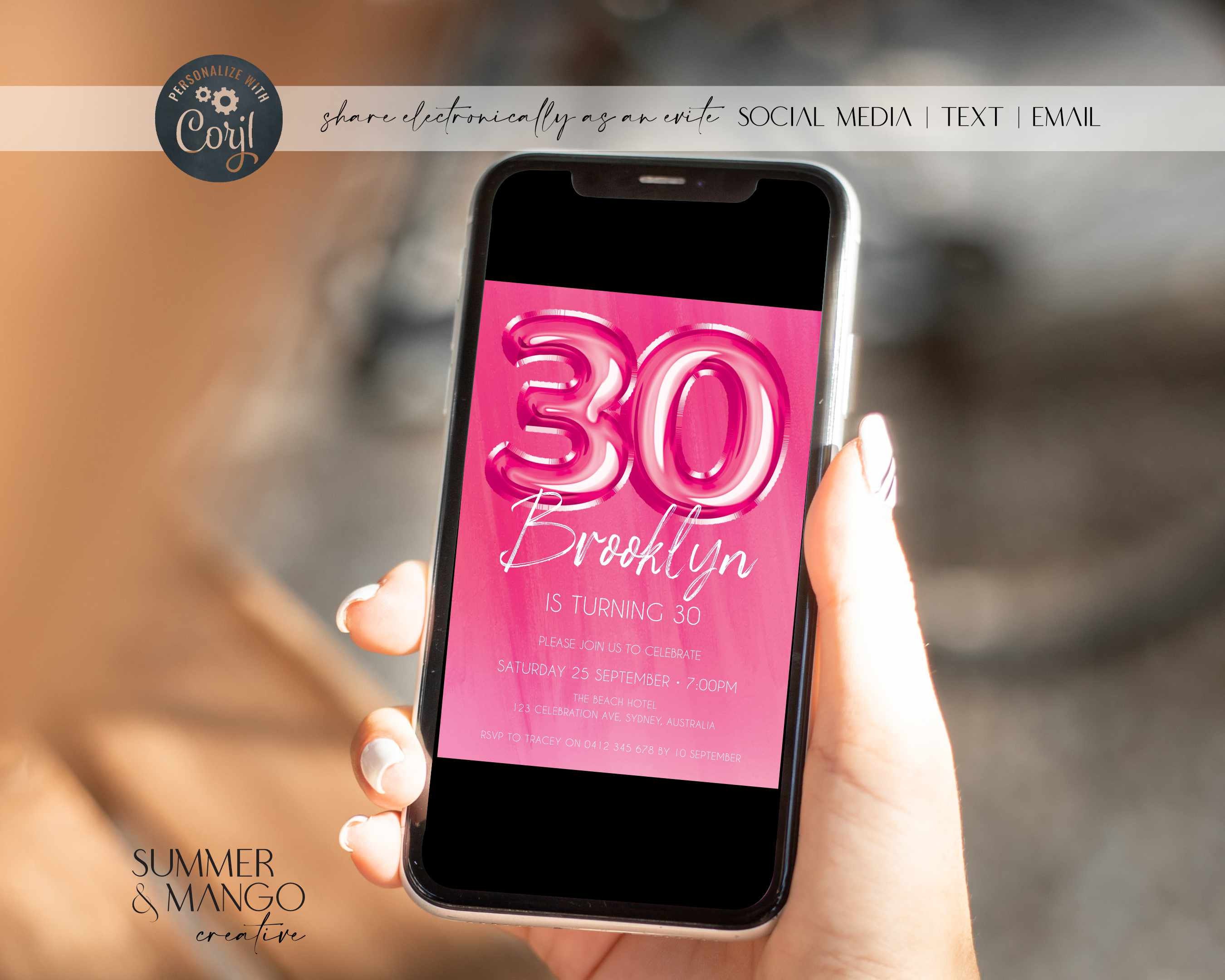 Hot Pink 30th Birthday Invitation Bright Pink Balloons Party Invite ...