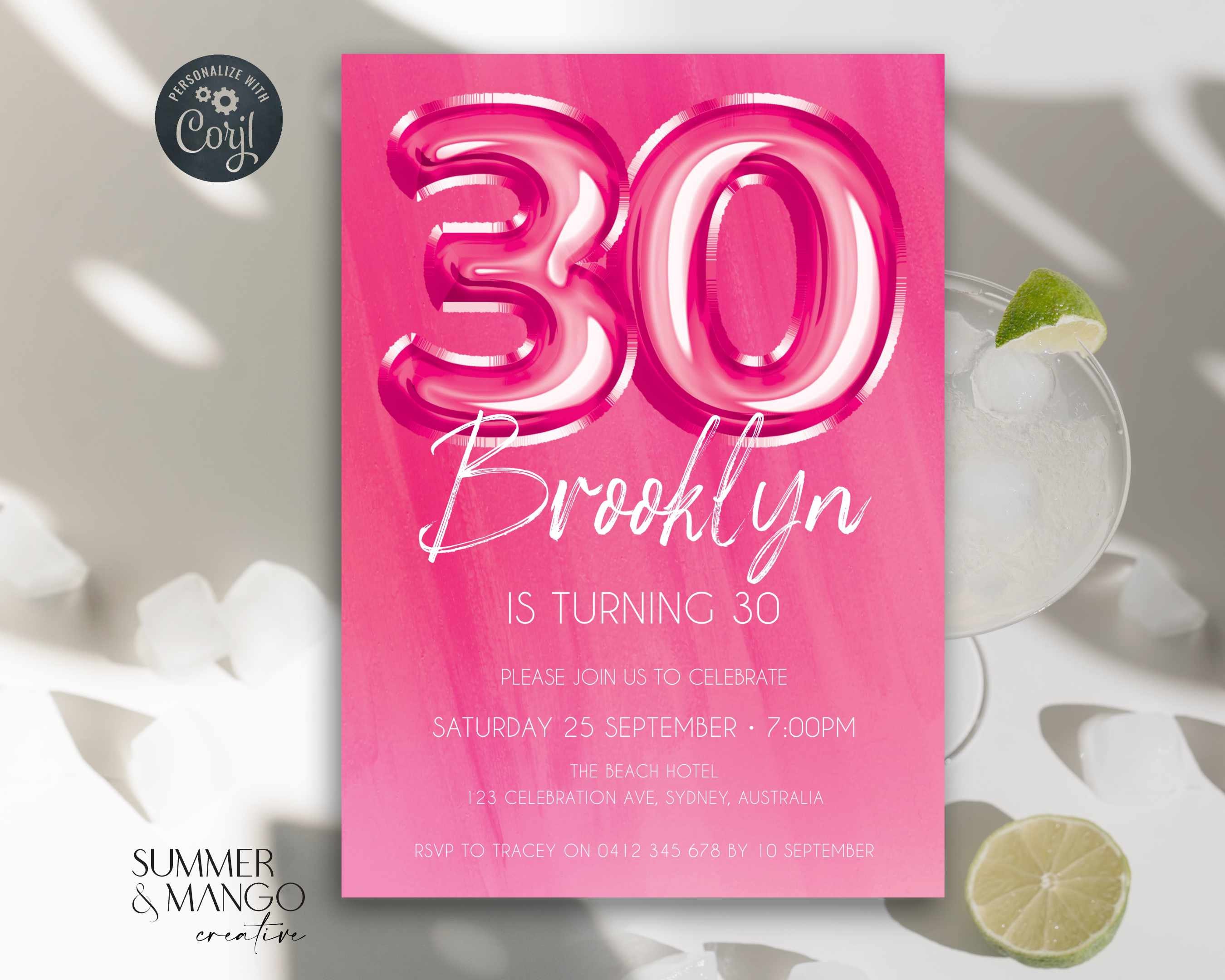 Hot Pink 30th Birthday Invitation Bright Pink Balloons Party Invite ...