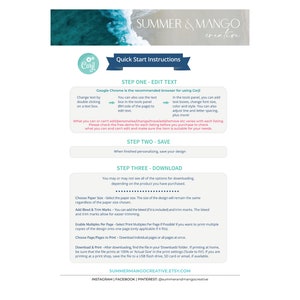 May include: A white document with instructions for using Corjl, featuring the text "Quick Start Instructions." The document includes steps for editing text, saving, and downloading. The top of the document has a teal and white ocean-themed design.