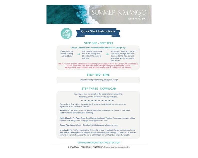 May include: A white document with instructions for using Corjl, featuring the text "Quick Start Instructions." The document includes steps for editing text, saving, and downloading. The top of the document has a teal and white ocean-themed design.