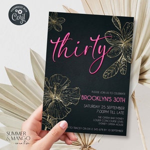 Tropical 30th Birthday Invitation: Pink, Gold, & Black (Editable Template)