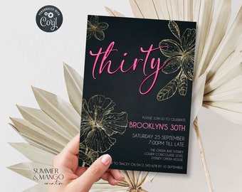 Tropical 30th Birthday Invitation: Pink, Gold, & Black (Editable Template)
