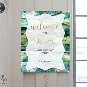 May include: Welcome sign with a green and gold abstract background. The text reads "Welcome to Robert's 30th Birthday Party 12 August 20XX".
