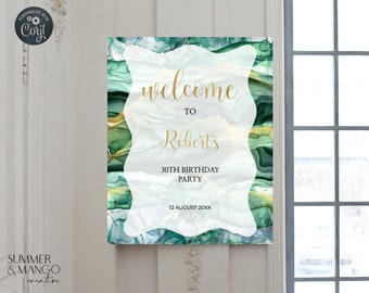 Green & Gold Wavy Ink Celebration Welcome Sign Wave Frame Event Poster Personalise for Any Age or Event Curvy Modern Poster Printable Sign