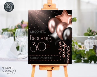 Rose Gold & Black Balloons Welcome Sign Editable Any Age Poster Welcome to Event Sign Blush Pink Elegant Printable Celebration Poster