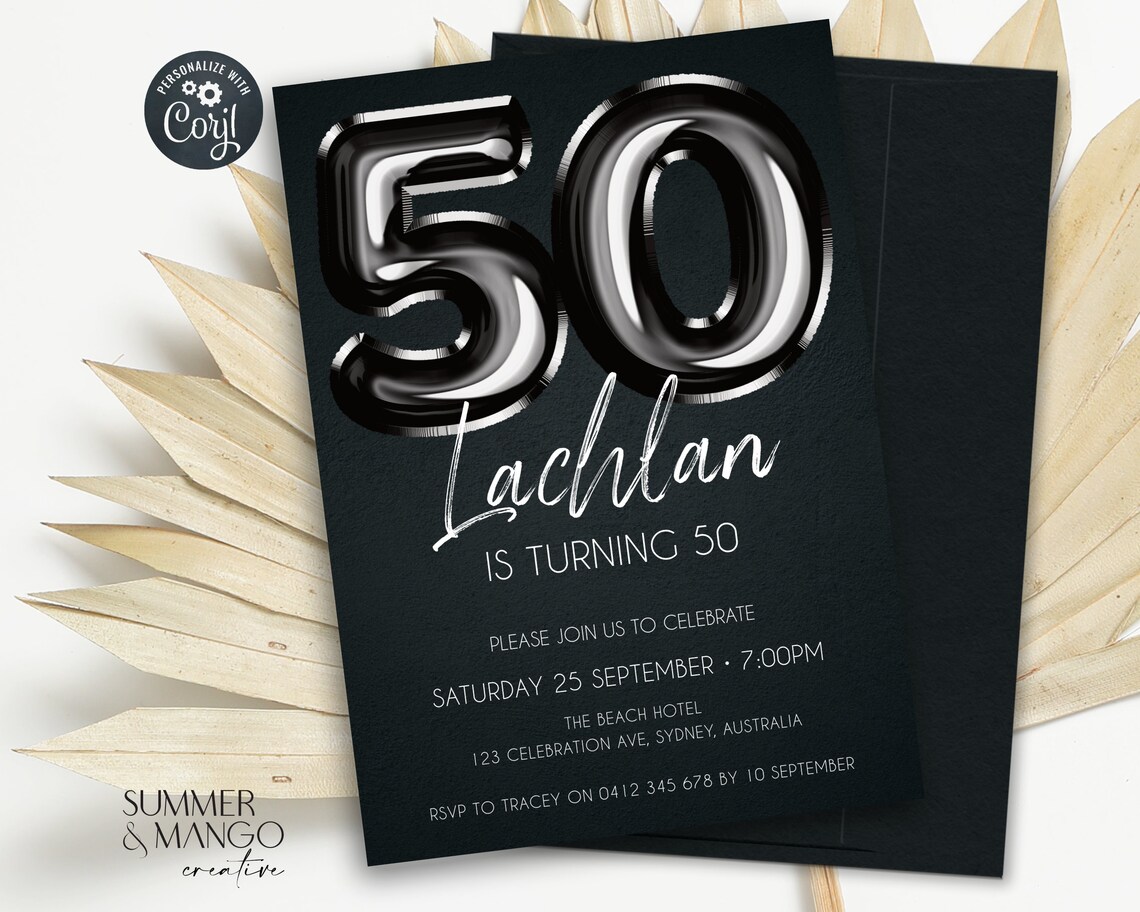 50th Birthday Invitation Black Invite Black Balloons Party Invite Foil ...