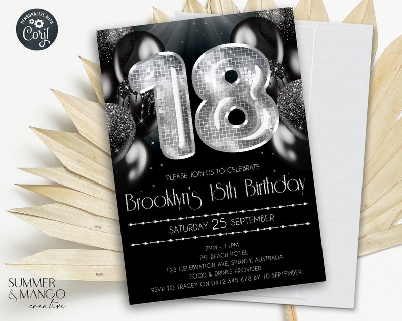 May include: Black and silver 18th birthday invitation with a disco ball-style number 18. The invitation includes the text "Brooklyn's 18th Birthday" and event details. The design features black balloons and a white envelope.