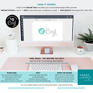 May include: A desktop computer with a pink screen displays a design template with the Corjl logo. The image includes text that says "How it works" and "Personalize with Corjl". A keyboard, mouse, and decorative items are on the desk.